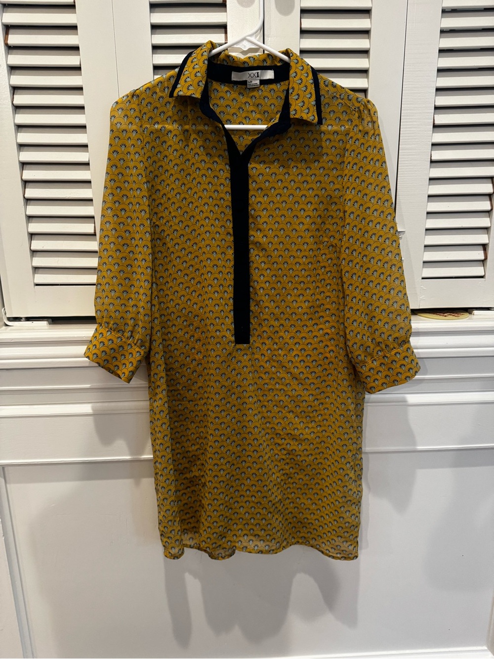 Forever 21 Mustard Yellow Printed Mini Dress with Black Trim